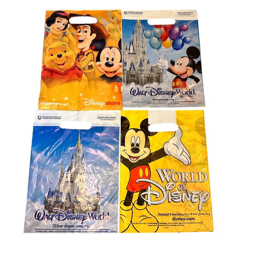 Disney Store Walt Disney World 12" Plastic Shopping‎ Bag Lot of 4 Mickey Mouse A